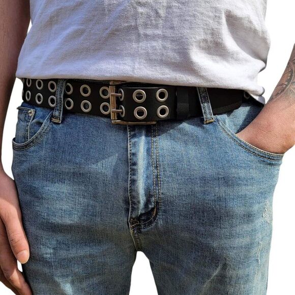 Silver Dual Prong Black Grommet Belt- NEW - Picture 3 of 3